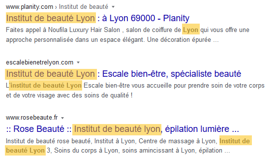 Capture d'écran des résultats proposés par Google à la requête "institut beauté lyon"