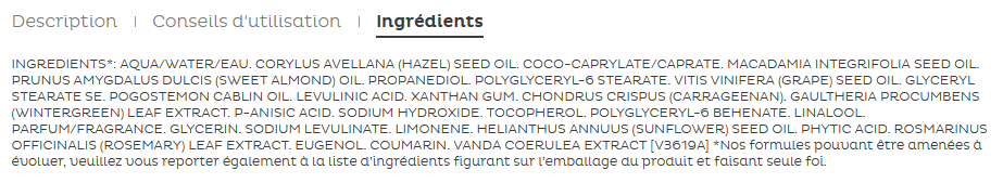 Liste des ingrédients d'une crème Clarins en vente sur une boutique en ligne