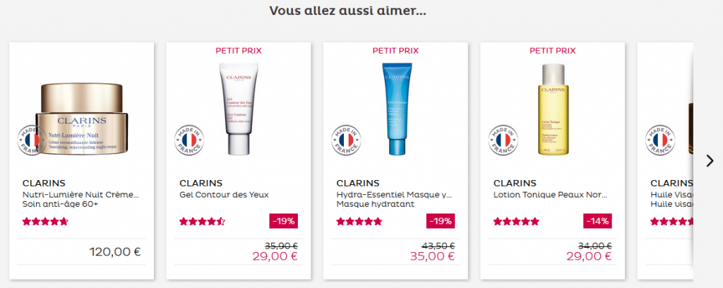 Carrousel présentant une sélection de produits cosmétiques complémentaires